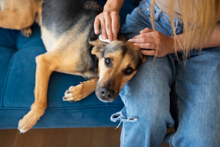 A person gently cleaning a brown and black dog's ear with a cotton pad while it rests on a blue couch, showcasing routine hygiene and care practices for pets.